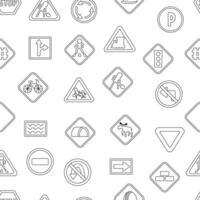 black and white road signs seamless pattern. Line railway and traffic street repeating background. Cute highway rules coloring page with traffic lights, stop, arrows vector