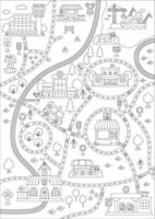 City black and white map with roads and railway. Line empty background with rails, traffic signs for kids. infographic elements without transport. Urban coloring page with places and buildings vector