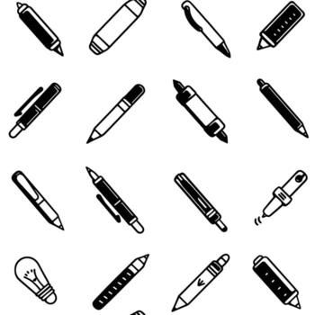 Seamless pattern featuring various writing tools drawn in a minimalist black and white design. vector