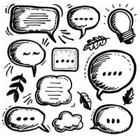 Hand-drawn speech bubbles and thought clouds with sketchy lines and decorative elements create a dynamic doodle composition. vector