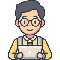 Cheerful cartoon character of a bespectacled man in yellow attire using a laptop, depicting a friendly tech-savvy professional vector