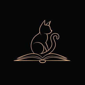 Elegant golden outline of a cat perched on an open book against a black background, symbolizing knowledge and feline curiosity. vector