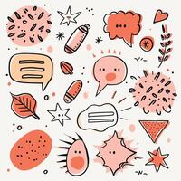 Whimsical hand-drawn doodles featuring speech bubbles, stars, and abstract shapes in coral, pink, and white on a light background. vector