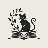 Silhouette of cat sitting on open book with leafy branch, depicting a whimsical literary or educational concept vector