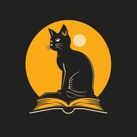 Silhouette of a black cat sitting on an open book against a full moon, creating a mystical and literary atmosphere. vector