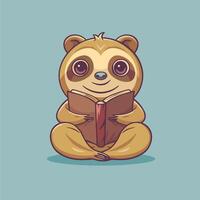 A cute cartoon sloth sits cross-legged while reading a book, set against a plain teal background. vector