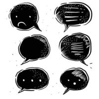 Hand drawn speech bubbles with expressive elements sad face, lines, dots, and varied textures in black and white sketch style vector
