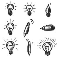 Hand drawn illustrations of light bulbs and pens in various styles and positions on a white background. vector