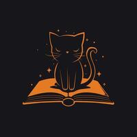 Whimsical illustration of a cat sitting on an open book, surrounded by magical sparkles on a dark background. vector