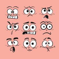 A collection of expressive cartoon faces showcasing a wide range of emotions on a pink background. vector