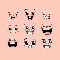 A collection of cartoon faces expressing various emotions on a peach background. vector