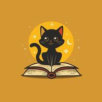 Enchanting illustration of a black cat perched on an open book against a magical yellow moon, stars twinkling in the background. vector