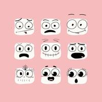 Set of nine cartoon faces with various expressions on a pink background. vector