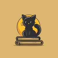 Adorable black cat illustration perched on books with yellow moon backdrop, combining feline charm and literary symbolism. vector