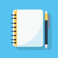 A blank spiral-bound notebook with a pen on a bright blue background. vector
