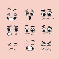 A grid of nine cartoon faces displaying various emotions on a pastel pink background. vector