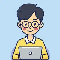 Smiling cartoon boy with glasses using laptop, depicting youthful enthusiasm for technology and learning vector