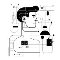 Abstract geometric portrait Minimalist black and white illustration blending human features with technological elements vector