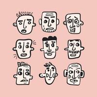 Handdrawn faces with varied expressions on a pink background in black and white. vector