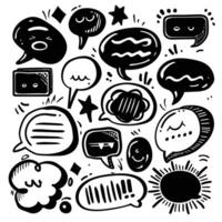 Whimsical hand-drawn speech bubbles and thought clouds in black and white, expressing various emotions and communication styles. vector
