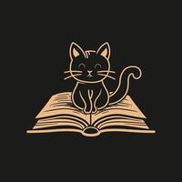 Smiling cartoon cat sits atop open book, charming illustration in gold on black background for bookish cat lovers. vector