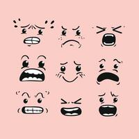 A set of nine black and white cartoon emoticons displaying various facial expressions on a pink background. vector