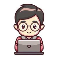 Cartoon character of a cheerful boy with glasses using a laptop, depicted in a simple, friendly style with vibrant colors. vector