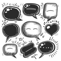 Hand-drawn speech bubbles and emoji-inspired shapes create a playful collection of black and white communication icons. vector