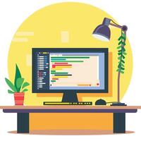 Colorful coding workspace illustration monitor displaying code, desk lamp, and potted plant on yellow background vector