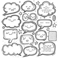 Cute hand drawn speech bubbles and thought clouds with expressive faces, creating a charming doodle-style communication set. vector