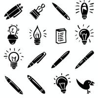 Seamless pattern of pens, lightbulbs, and related icons in black on a white background. vector
