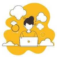 Illustration of person working on laptop surrounded by thought bubbles, depicting remote work and creative thinking on vibrant yellow background. vector
