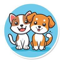 Adorable cartoon puppy duo smiling cat and dog characters sitting side by side on a bright blue circular background. vector