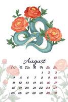 August serpent calendar with summer tender red ranunculus illustration template for 2025 Year of Snake Flowers composition with symbol of the Chinese new year. Typography for print vector