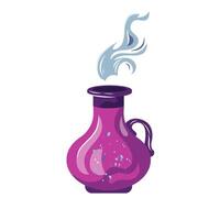 Magic potion bottle of witch elixir or alchemist poison. Wizard pink glass jar with smoke. Halloween design element isolated on white background. vector