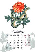 October serpent calendar with autumn bright chrysanthemum illustration template for 2025 Year of Snake Layout with flowers composition and symbol of Chinese new year. Typography for print vector