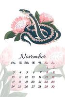 November serpent calendar with exotic pink protea illustration template for 2025 Year of Snake Layout with rare flowers composition and symbol of Chinese new year. Typography for print vector