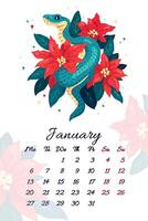 January serpent calendar with winter bright bouquet poinsettia. illustration template for 2025 Year of Snake Flowers composition with symbol of the Chinese new year. Typography for print vector