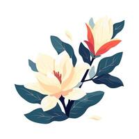 Magnolia tree branch with bud, cream white flowers, green leaves Elegant spring flowers editable illustration Isolated designer decorative element Design template for print, card, flyer, banner vector