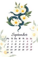 September serpent calendar with autumn bouquet of daisy illustration template for 2025 Year of Snake Layout with flowers composition and symbol of Chinese new year. Typography for print vector