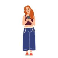 Young redhead woman using mobile phone. Student chatting with smartphone in hand. Girl strolling and surfing internet. Cellphone user. Flat illustration isolated on white vector