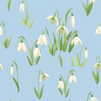 Floral beautiful seamless pattern with forest white snowdrop Light blue color repeatable background with first early spring flowers Flat design for fabric, textile, prints, wallpaper, covers vector