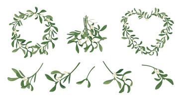 Set of sprig mistletoe with berries. craft christmas decoration heart, wreath, bunch made of mistletoe garland isolated on white background. Design frame element for print, card, flyer, banner vector