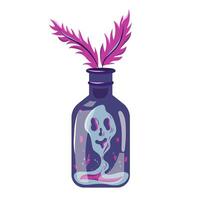 Magic potion bottle of witch elixir or alchemist poison. Evil wizard glass jar with creepy skull tag. Halloween design element isolated on white background. vector
