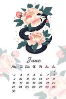 June serpent calendar with summer inflorescences bouquet of peonies illustration template for 2025 Year of Snake Flowers composition with symbol of the Chinese new year. Typography for print vector