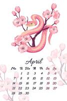 April serpent calendar with spring cherry blossom branch illustration template for 2025 Year of Snake Flowers sakura composition with symbol of the Chinese new year. Typography for print vector