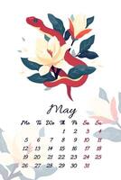 May serpent calendar with spring bouquet magnolias illustration template for 2025 Year of Snake Floral composition with symbol of the Chinese new year. Typography for print vector