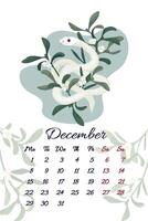 December serpent calendar with white mistletoe illustration template for 2025 Year of Snake Layout with christmas decoration composition and symbol of Chinese new year. Typography for print vector