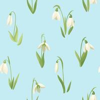 Floral delicate continuous seamless pattern with white snowdrop Light blue color repeatable background with first early spring flowers Flat design for fabric, textile, prints, wallpaper, covers vector