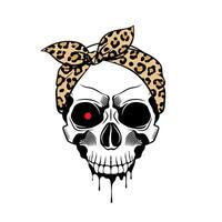 Skull with leopard print bandana, red glowing eye, drips of paint. Hand drawn illustration on white background vector